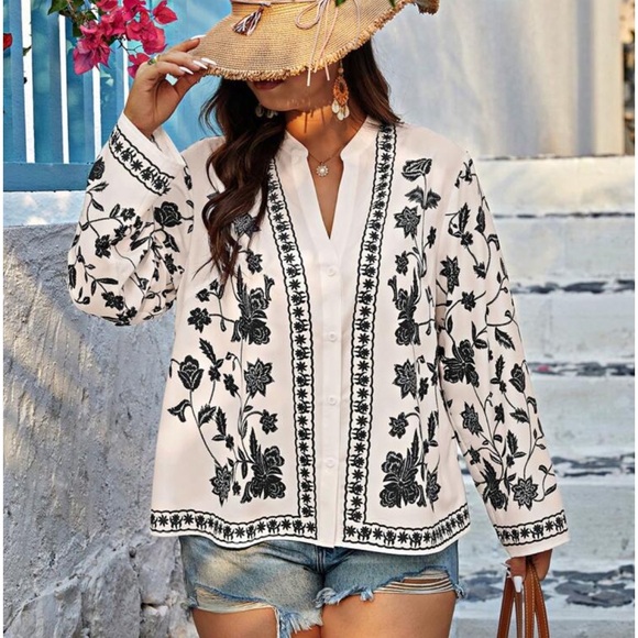 Boho Plus Size Floral Paisley Print Button Down Shirt Top Blouse - Picture 4 of 12